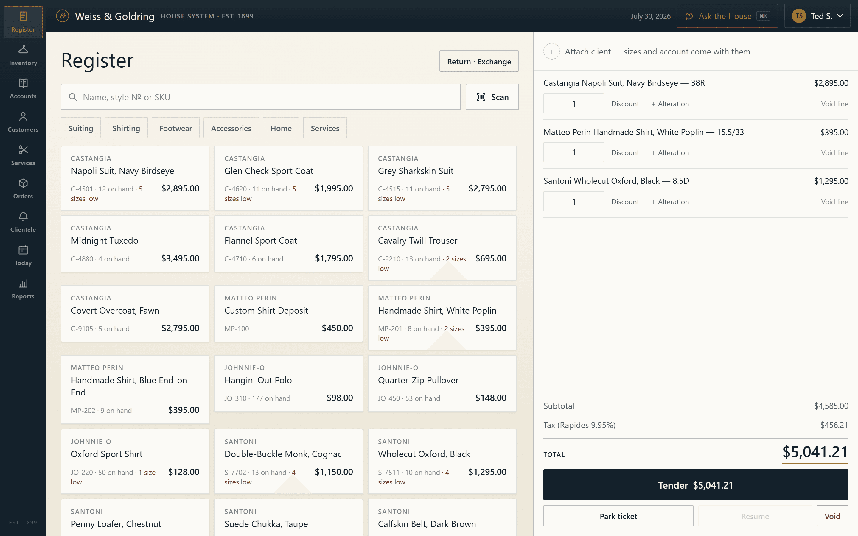 The House System register — a ticket rung with three lines and a live total